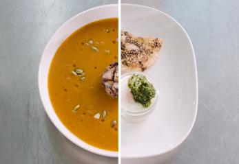 Half-plate of eggplant and half a bowl of soup